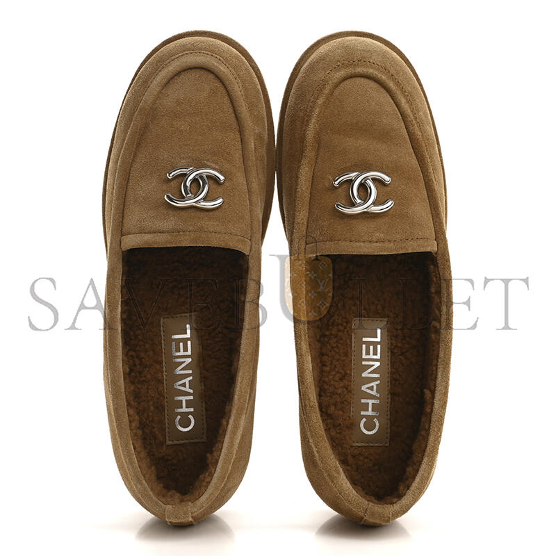 Ch*el suede calfskin cc loafers dark beige